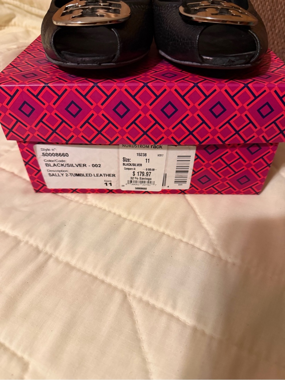 Tory Burch Black Peep-Toe Flats with Silver Logo Plaque